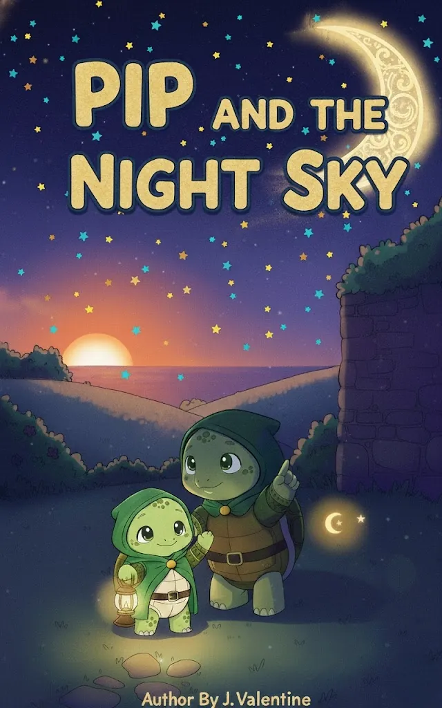 Book cover: Pip the turtle holding a glowing lantern, bravely stepping into the night sky